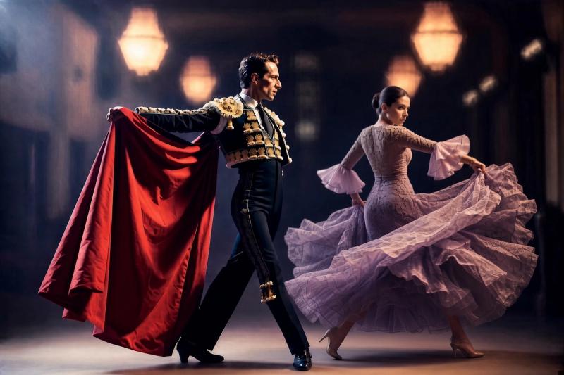 A couple dancing Paso Doble in a dim ballroom, the leader in a black and gold matador jacket sweeping a red cape low across the floor while the follower turns beside him in a lilac ruffled gown.