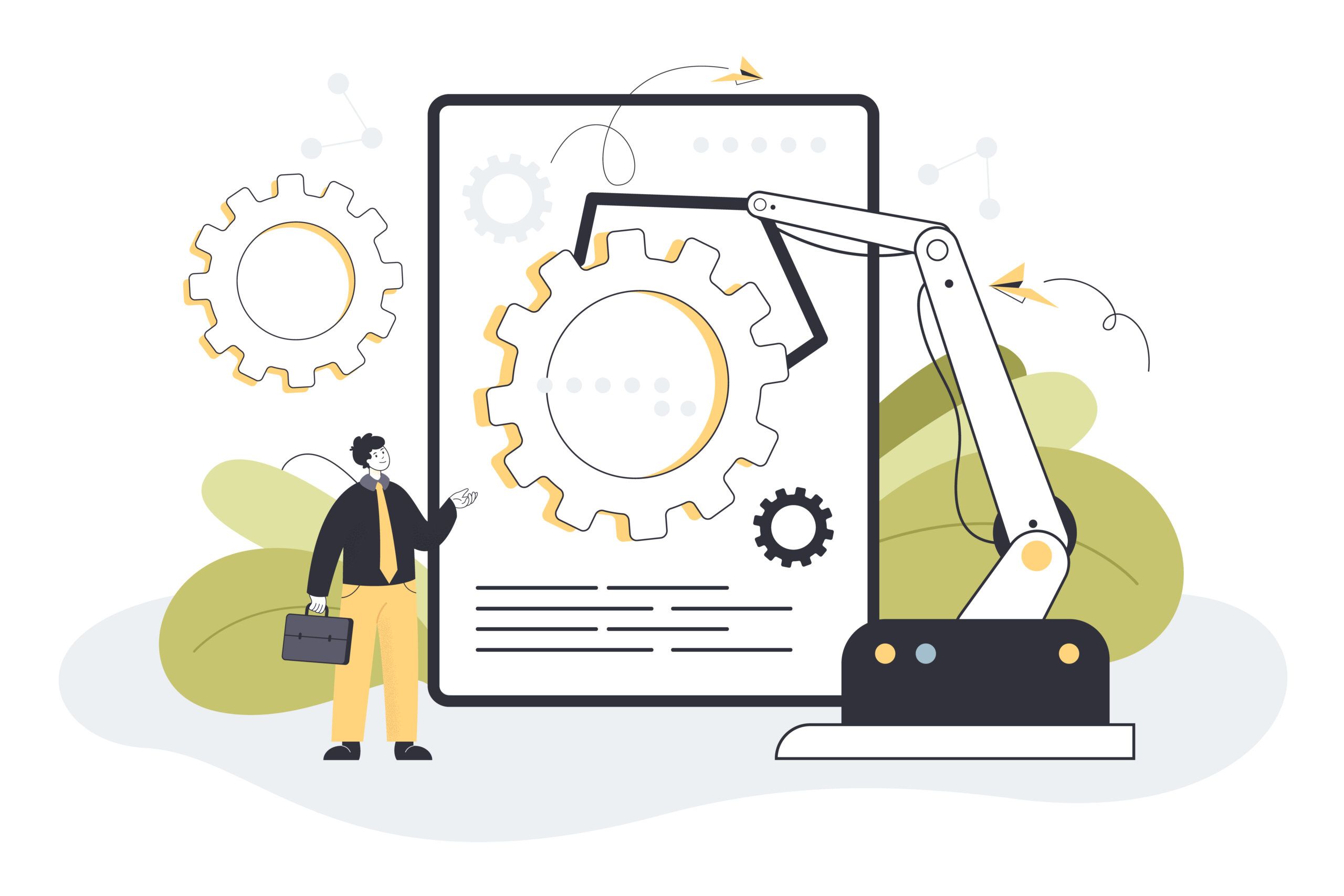 Man and digital era algorithm of AI. Social system of 21st century and workforce challenge flat vector illustration. Smart business process, human resources automation, artificial intelligence concept|true or false graphic in the context of business process automation|an illustration of a robot and a human, symbolizing how the two work together in hyperautomation