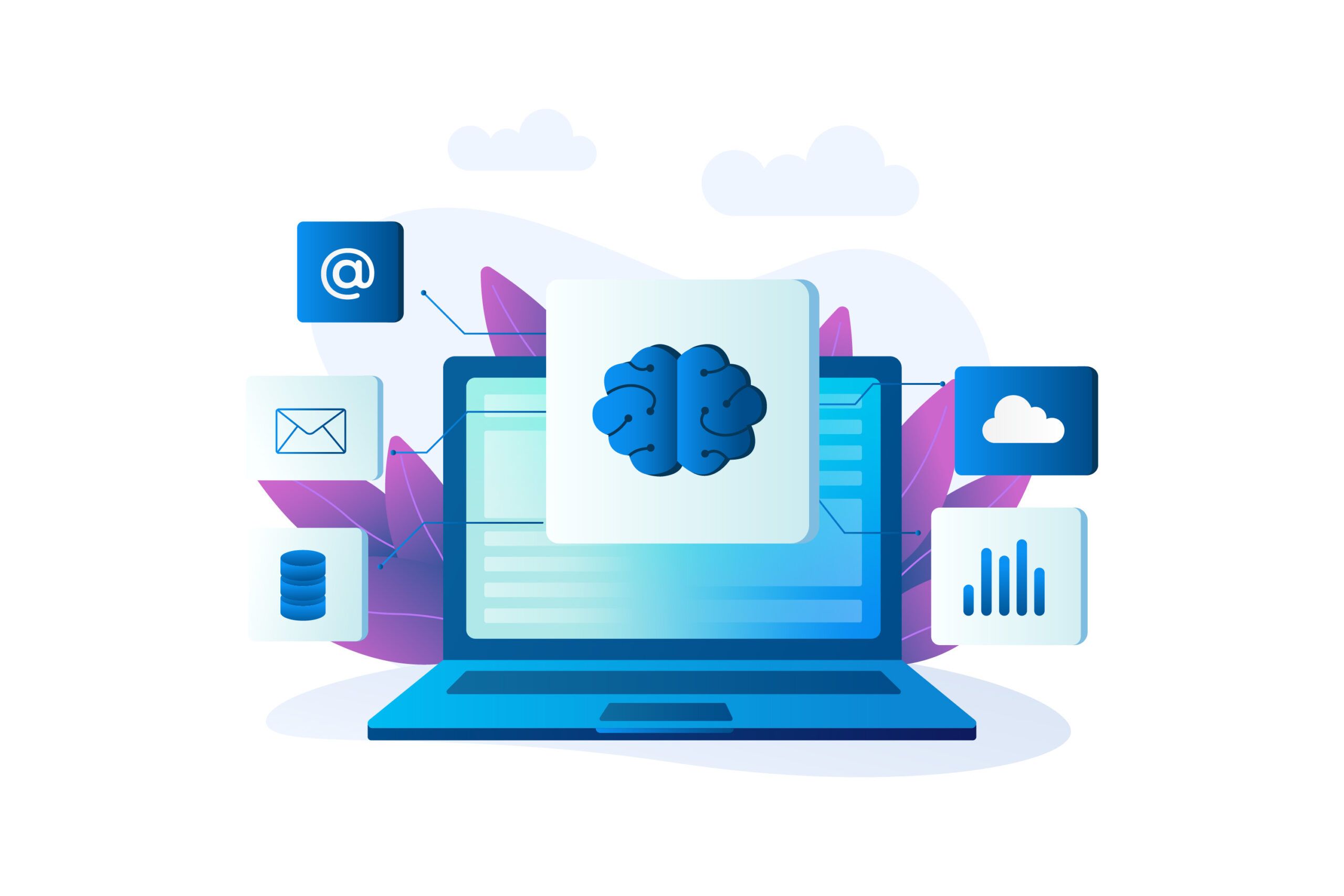vector graphic of laptop screen and intelligent automation|illustration of a brain|illustration of magnifying glass