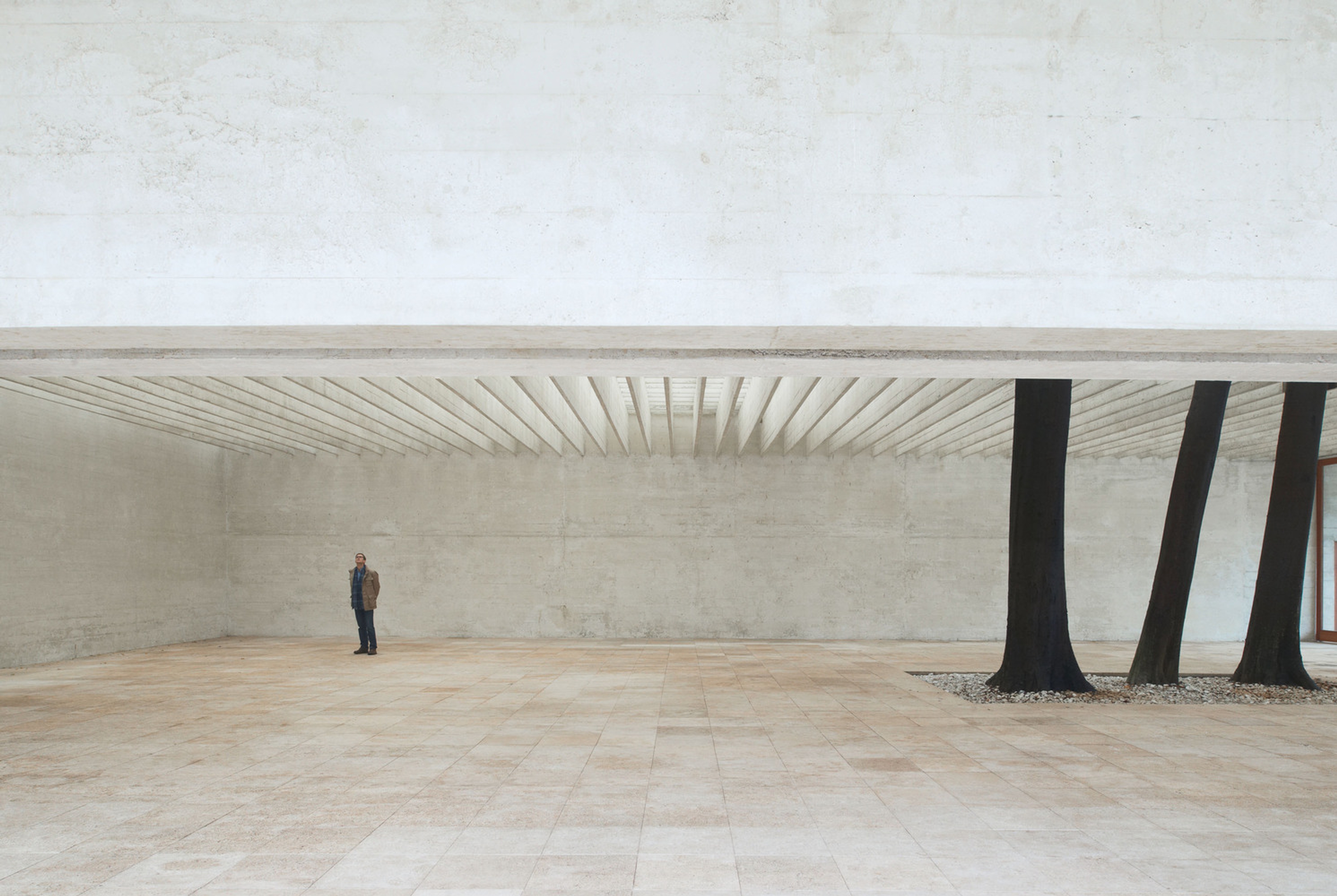 Placeholder reference image: Open stone court beneath a broad concrete roof beside a row of trees.