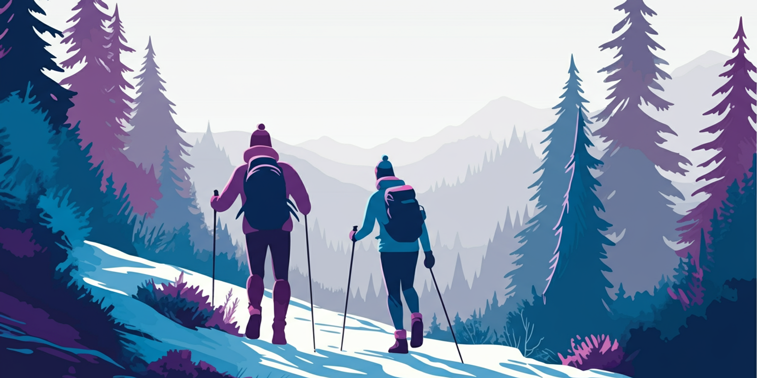 Two people hiking in the PNW in the winter with crampons and hiking poles.