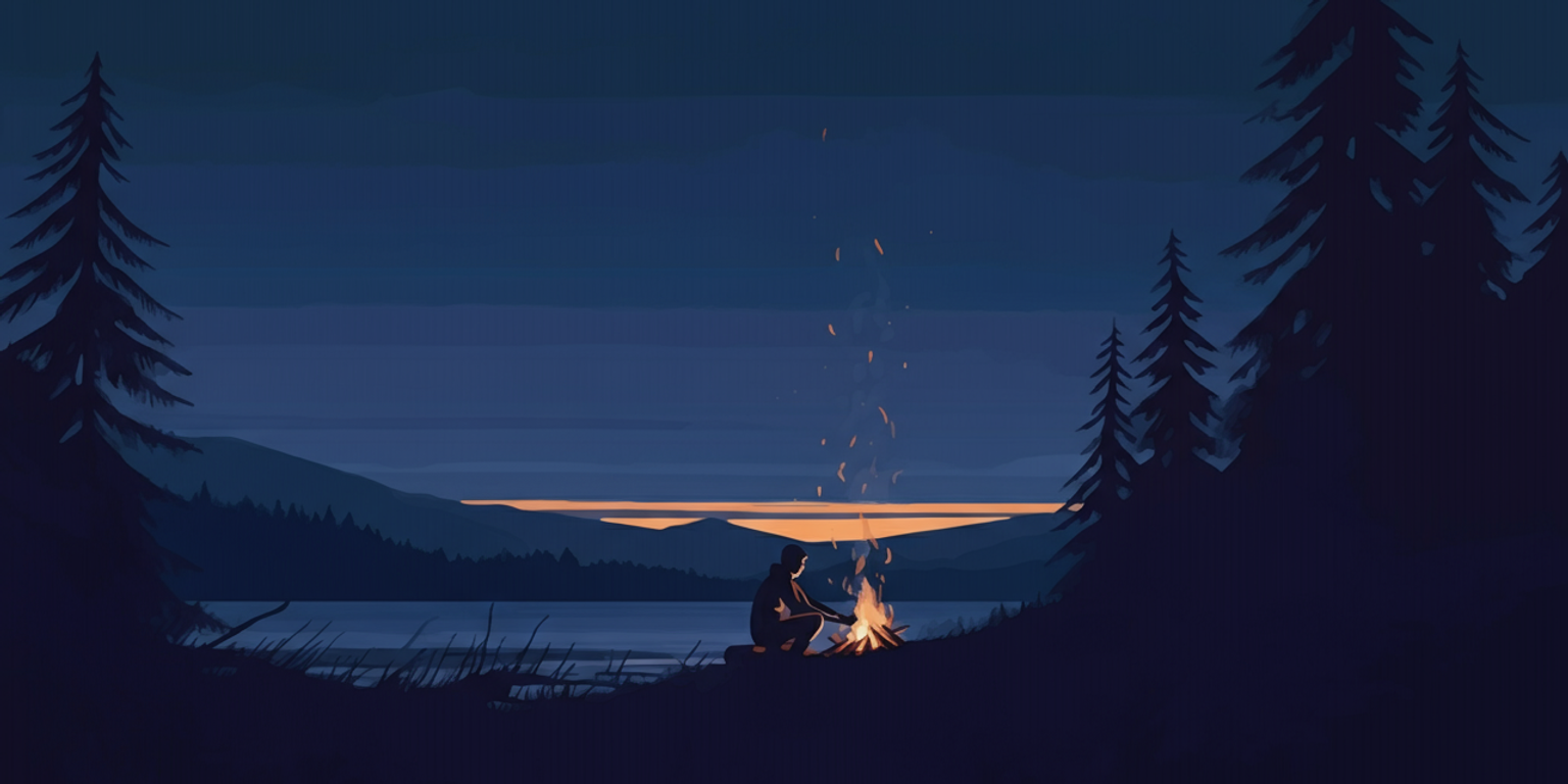 A man tending to a fire in the Pacific Northwest on a moody evening by the water.