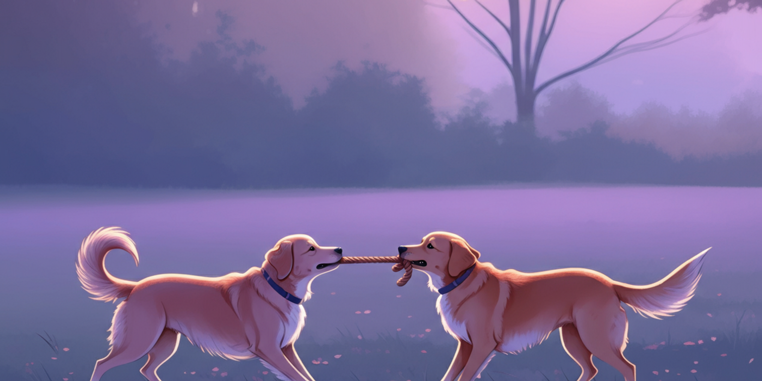 Two golden retriever dogs playing tug of war in a park