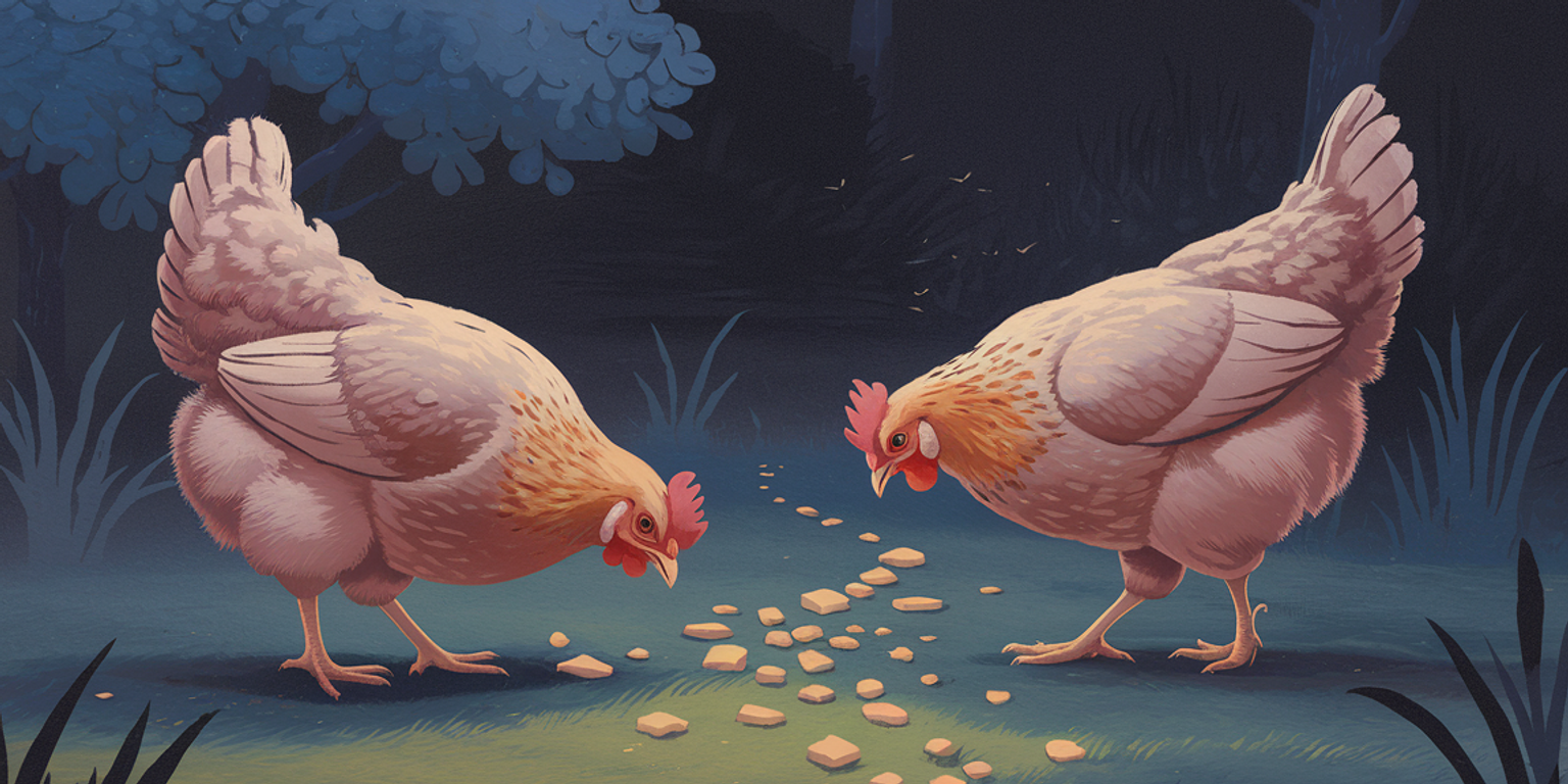 Two chickens pecking at a trail of breadcrumbs in the pacific northwest