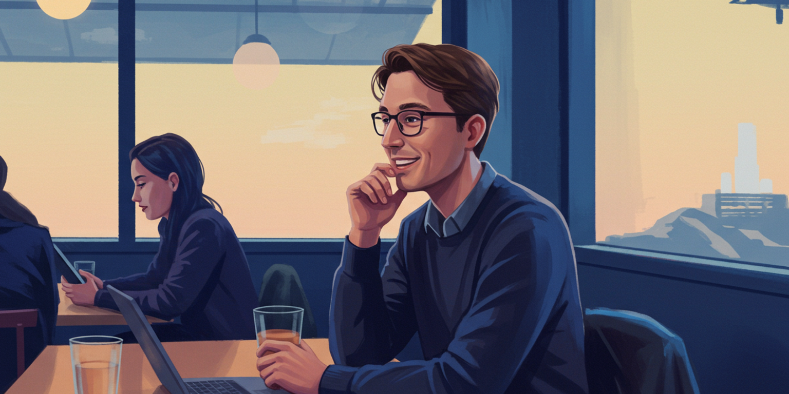 A modern tech worker at a networking event in a trendy bar talking with new prospects in Seattle, WA.