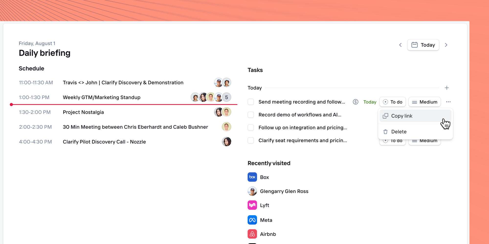 Copy links and delete tasks from Home