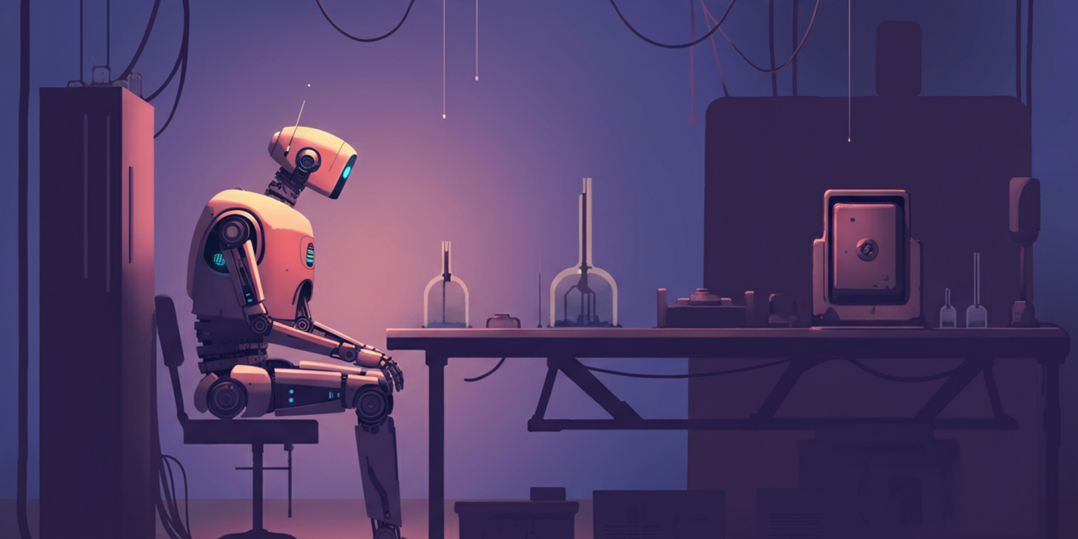 A friendly robot sitting in a moody lab surrounded by gadgets.