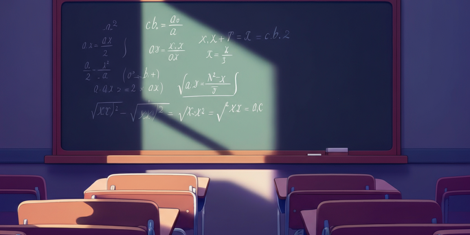 A green old school chalk board in a sunny classroom covered in mathematical equations