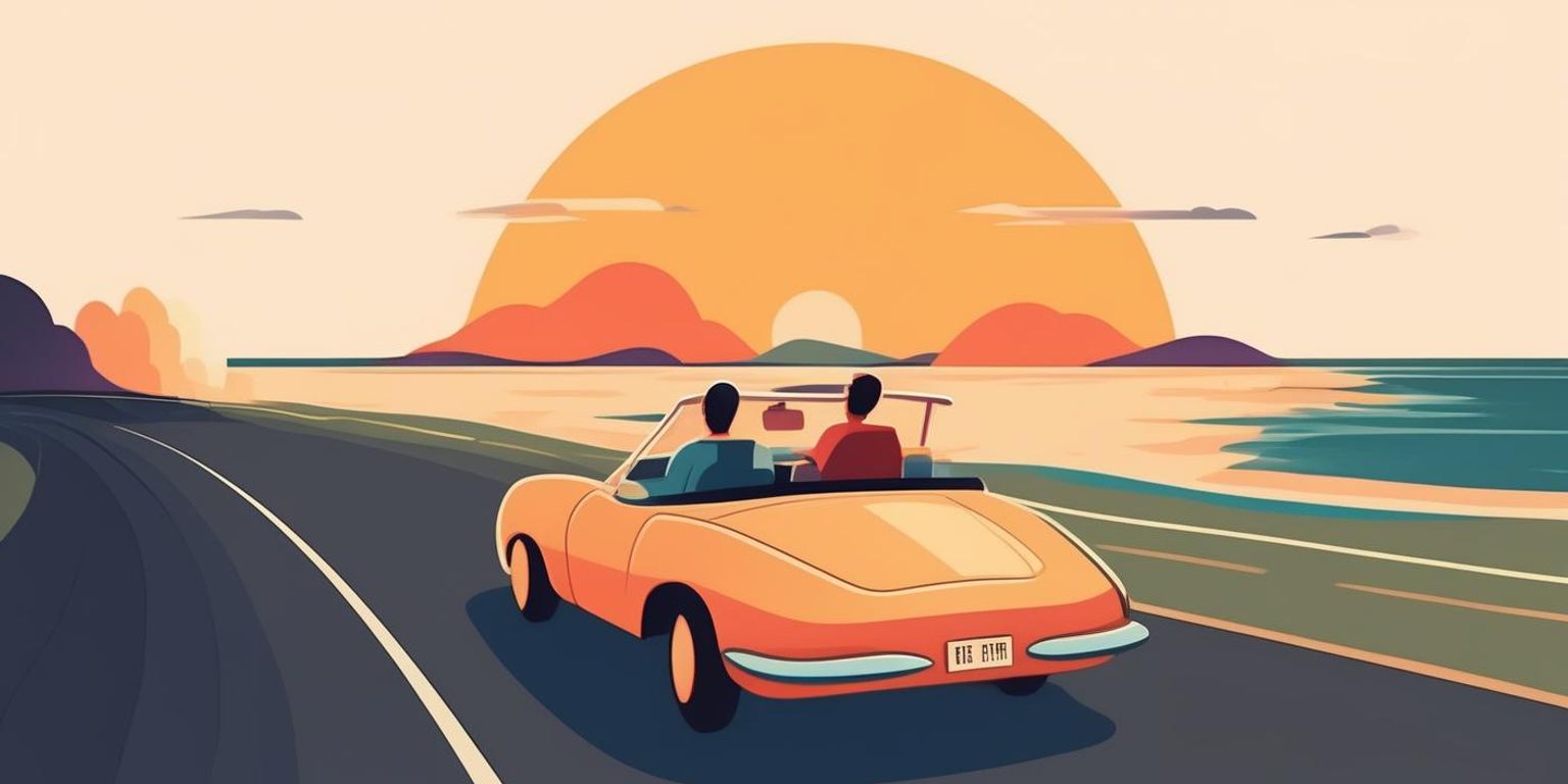 An illustrated coastal sunset scene with two people driving in an orange convertible car along a curved coastal road. The background features a large orange sun setting over mountains and ocean, with scattered clouds in the sky. The art style is minimalist and modern, using a warm color palette of oranges, teals, and deep purples. The scene conveys a sense of adventure and relaxation, with the drivers viewing the scenic coastal landscape.