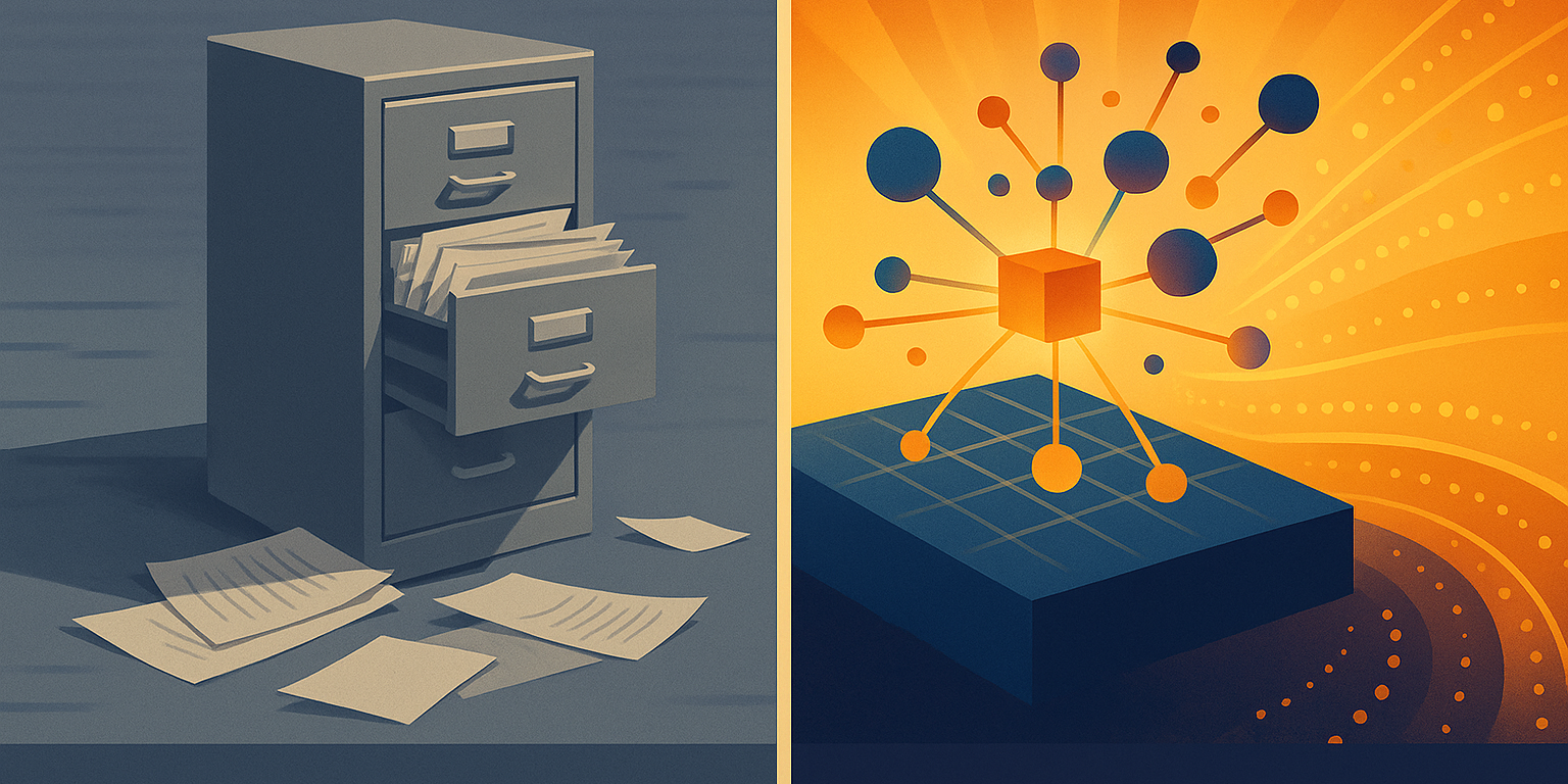 A split-screen illustration showing the stark contrast between old and new CRM paradigms: Left side: "Legacy CRM" - A static filing cabinet with papers spilling out, desaturated colors, representing the old way Right side: "Modern GTM Engine" - A dynamic, glowing system with connected nodes and flowing data, vibrant colors