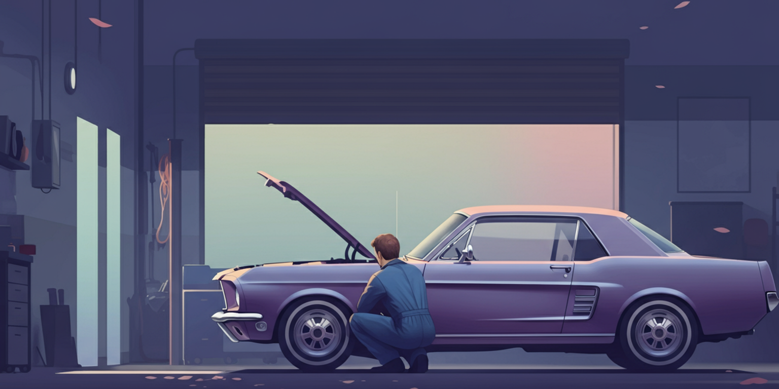 A car repairman in coveralls fixing a vintage mustang car in a dimly lit room