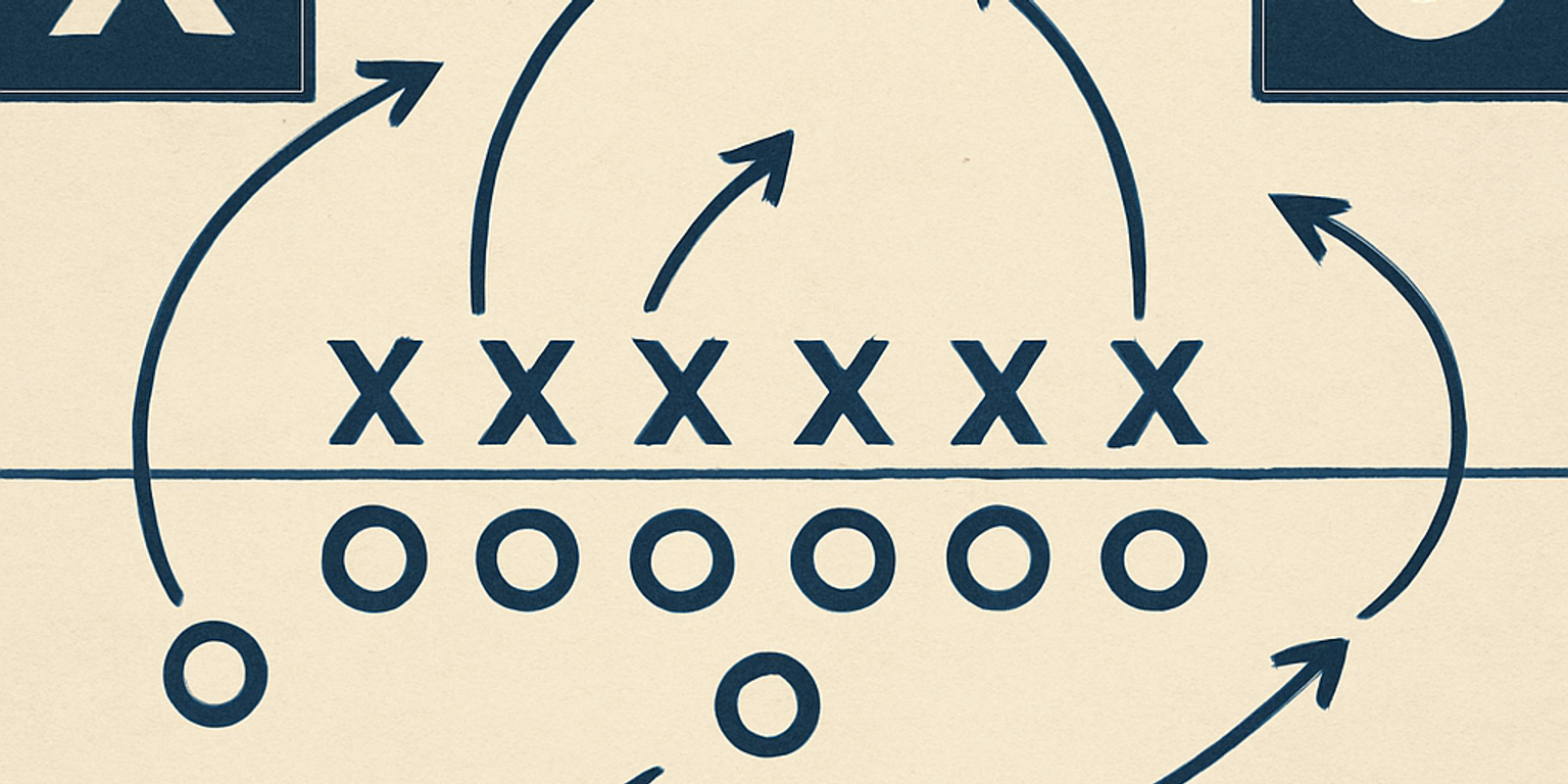 A football play sheet that shows Xs & Os moving in different directions