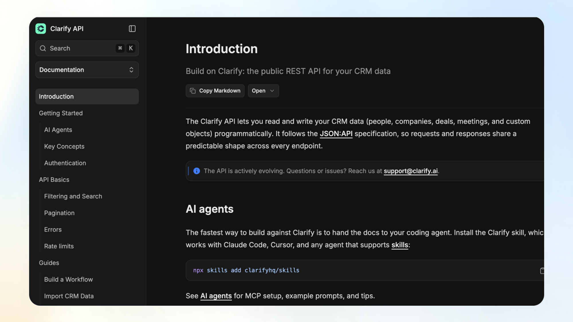 Clarify API documentation introduction page