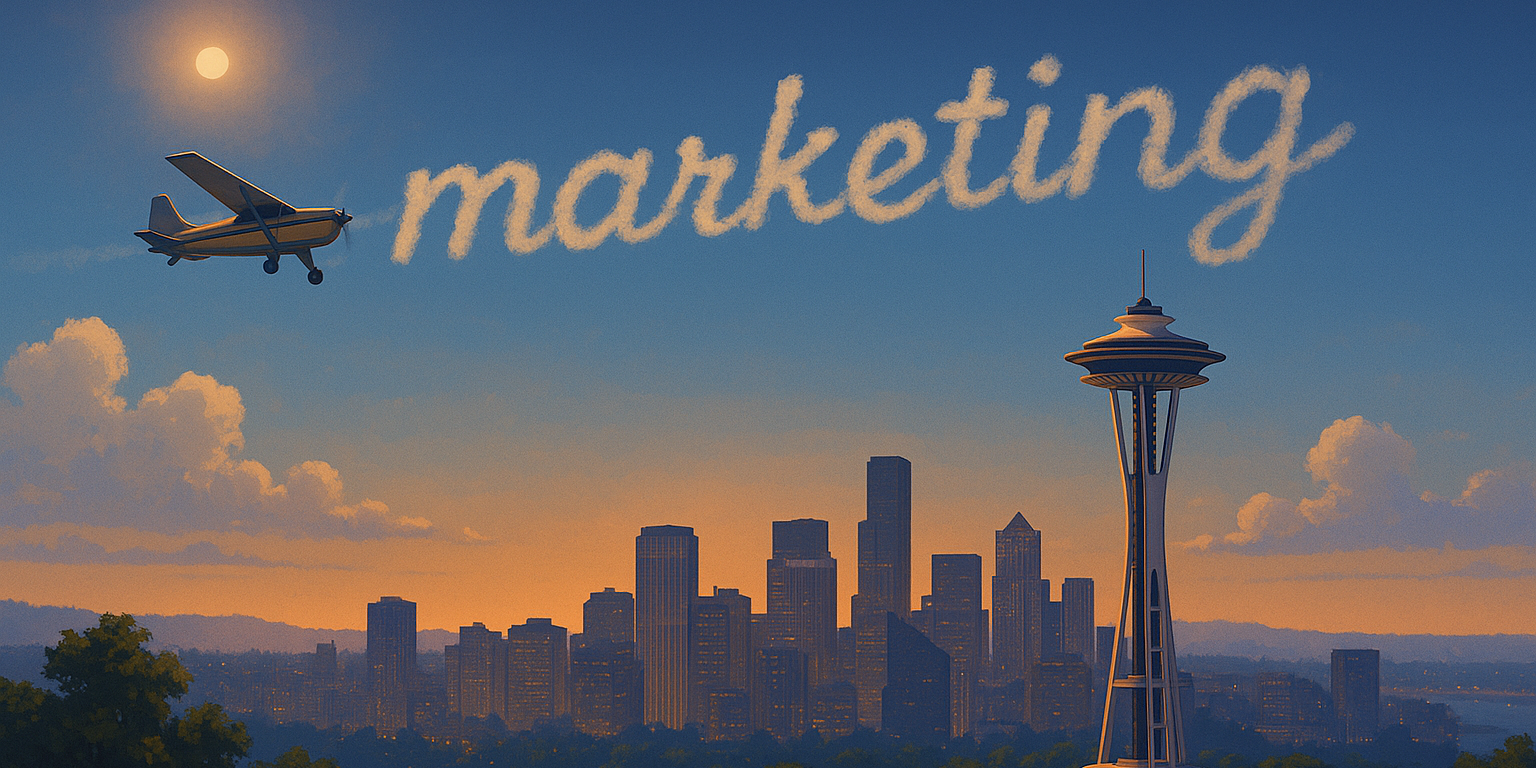 A prop plane writing the work marketing in the sky in clouds over a sunny Seattle in the Summer.