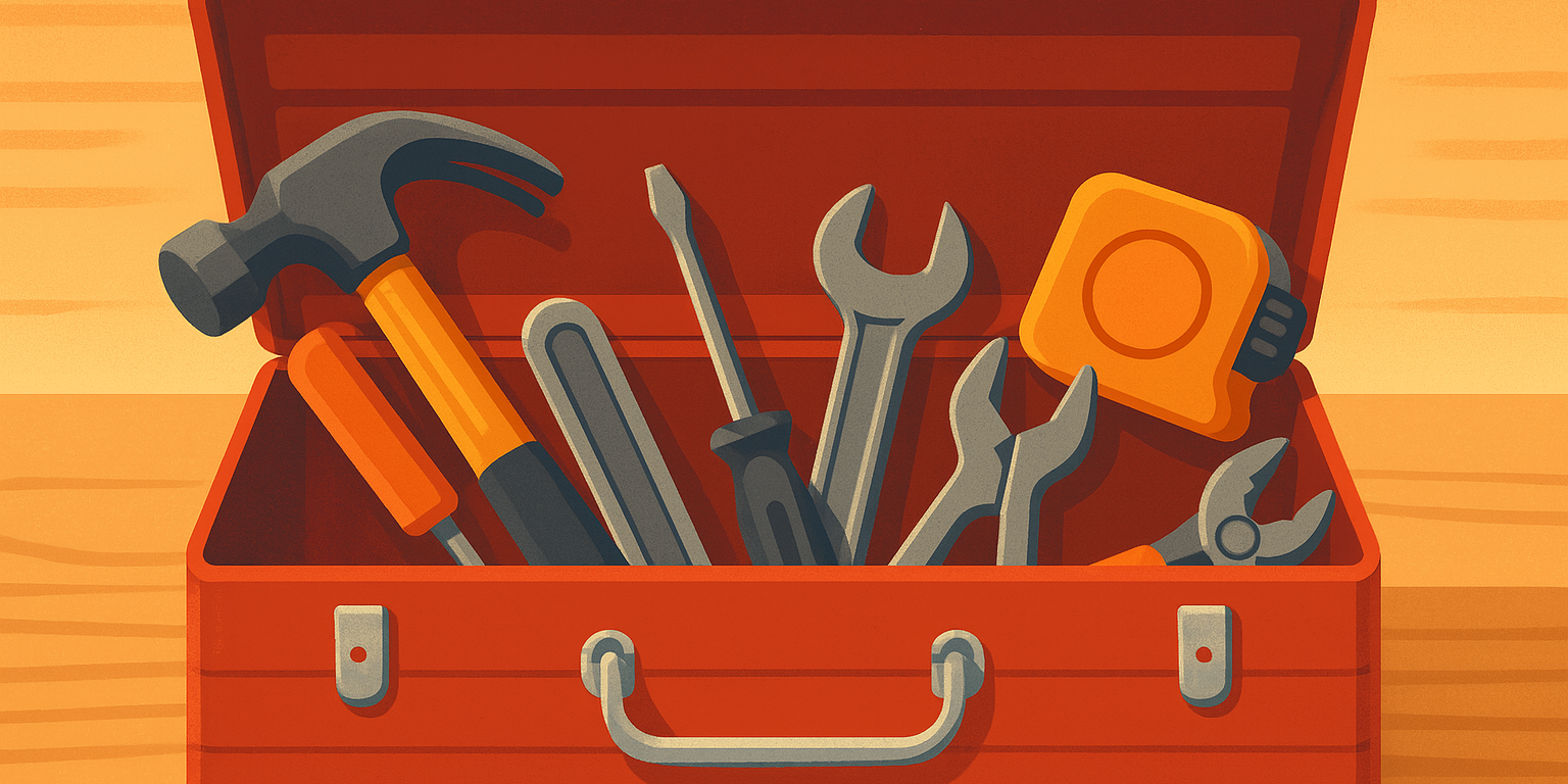 A red tool box with a hammer, screw driver, measuring tape, pliers, and a wrench in it.