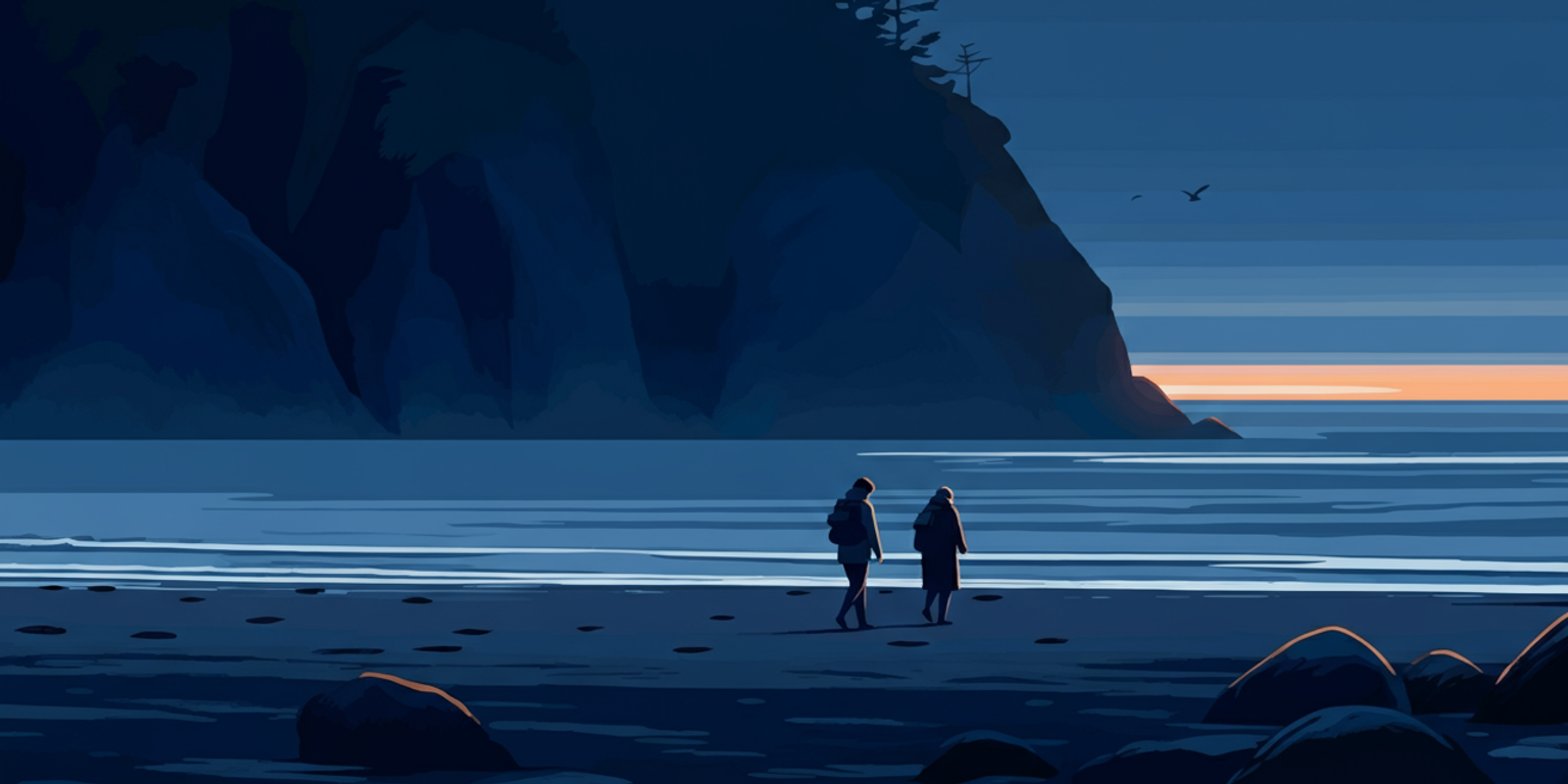 An illustrated coastal scene with two people connecting over a deep conversation at Canon Beach at sunset