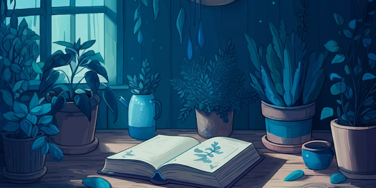 A spell book laid open on a workbench in a moody room surrounded by plants