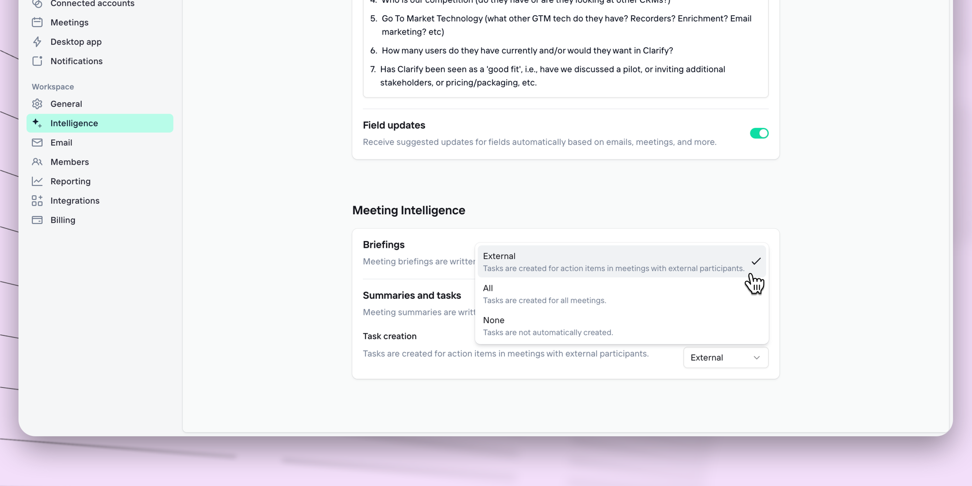 Task creation setting for Meeting Intelligence