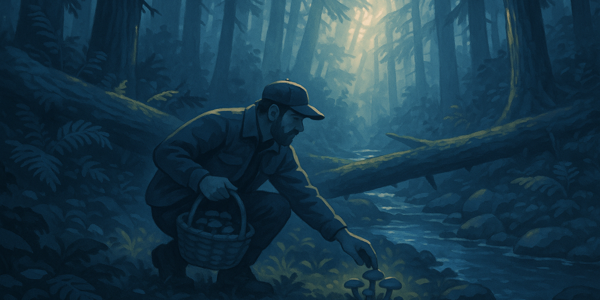 A man in his 30s foraging for mushrooms in the dense forests of the Pacific North West at dusk