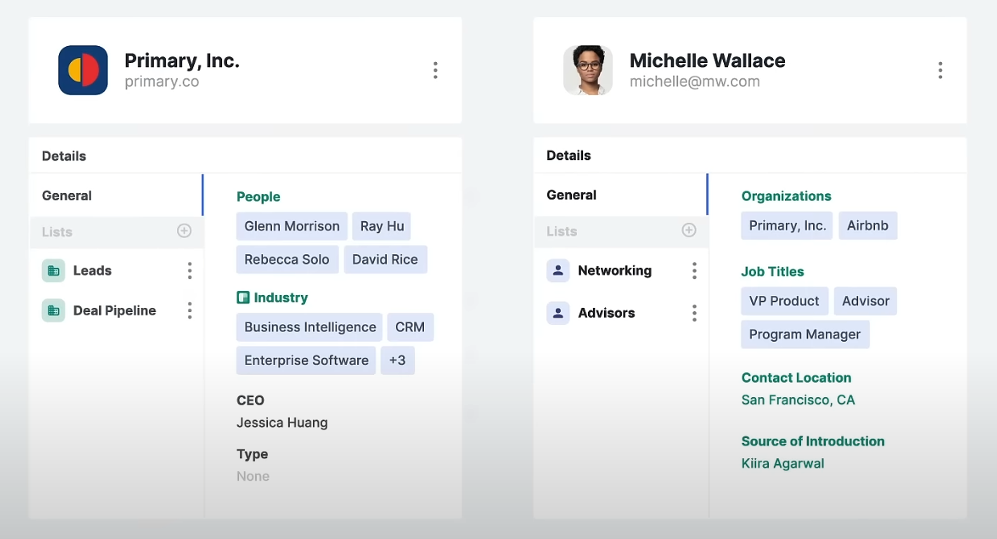 A screenshot of a contact and company in Affinity, a purpose-built CRM for VCs.