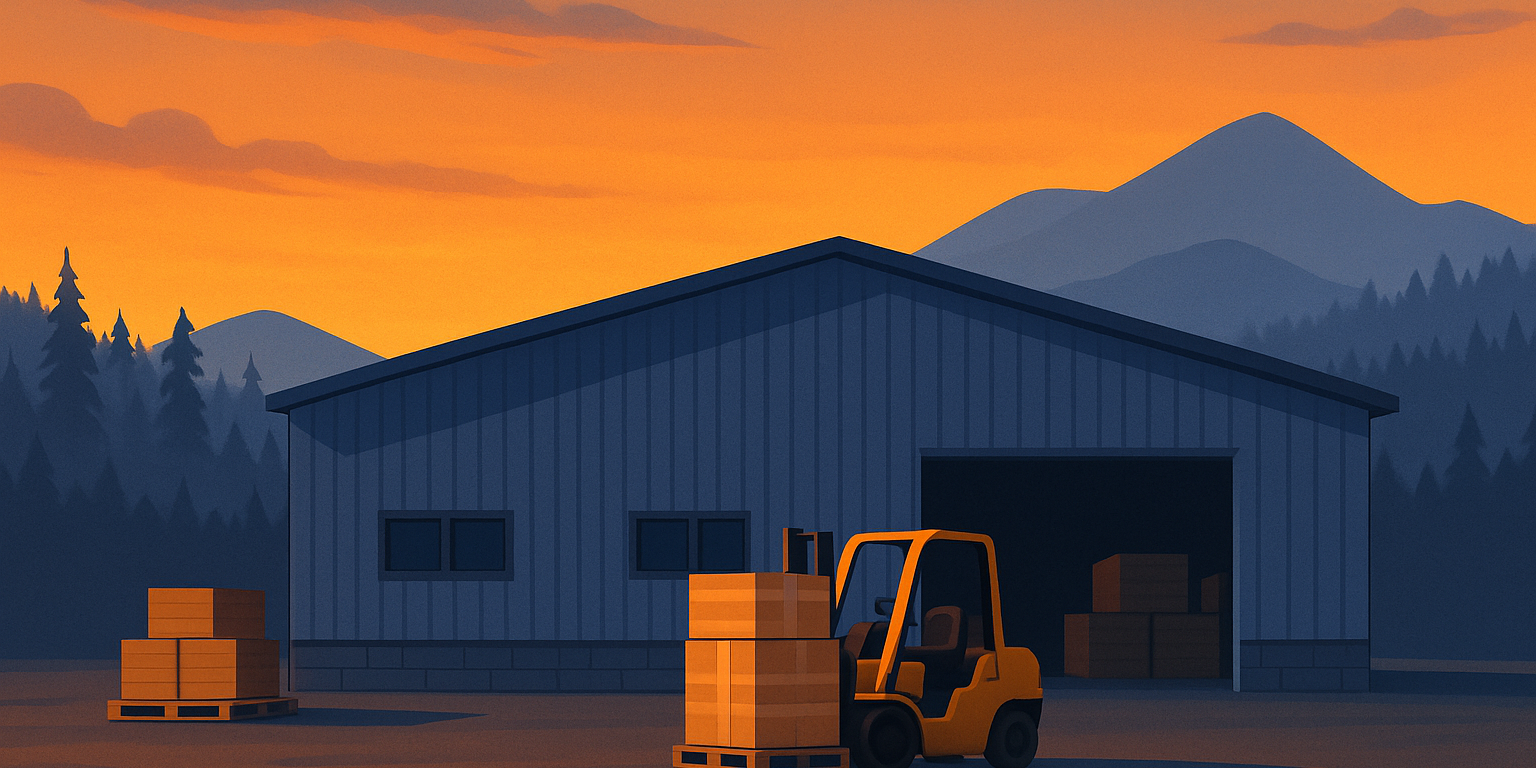A warehouse in the Pacific Northwest with a forklift outside lifting pallets.
