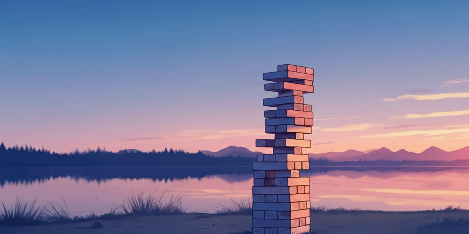 Giant Jenga tower at the park in the Pacific Northwest at sunset