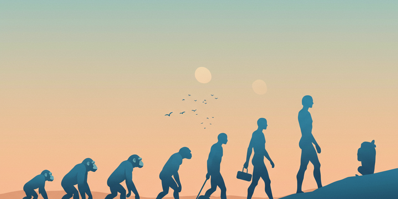 An image that shows the evolution of mankind from an ape to a human in the mountains