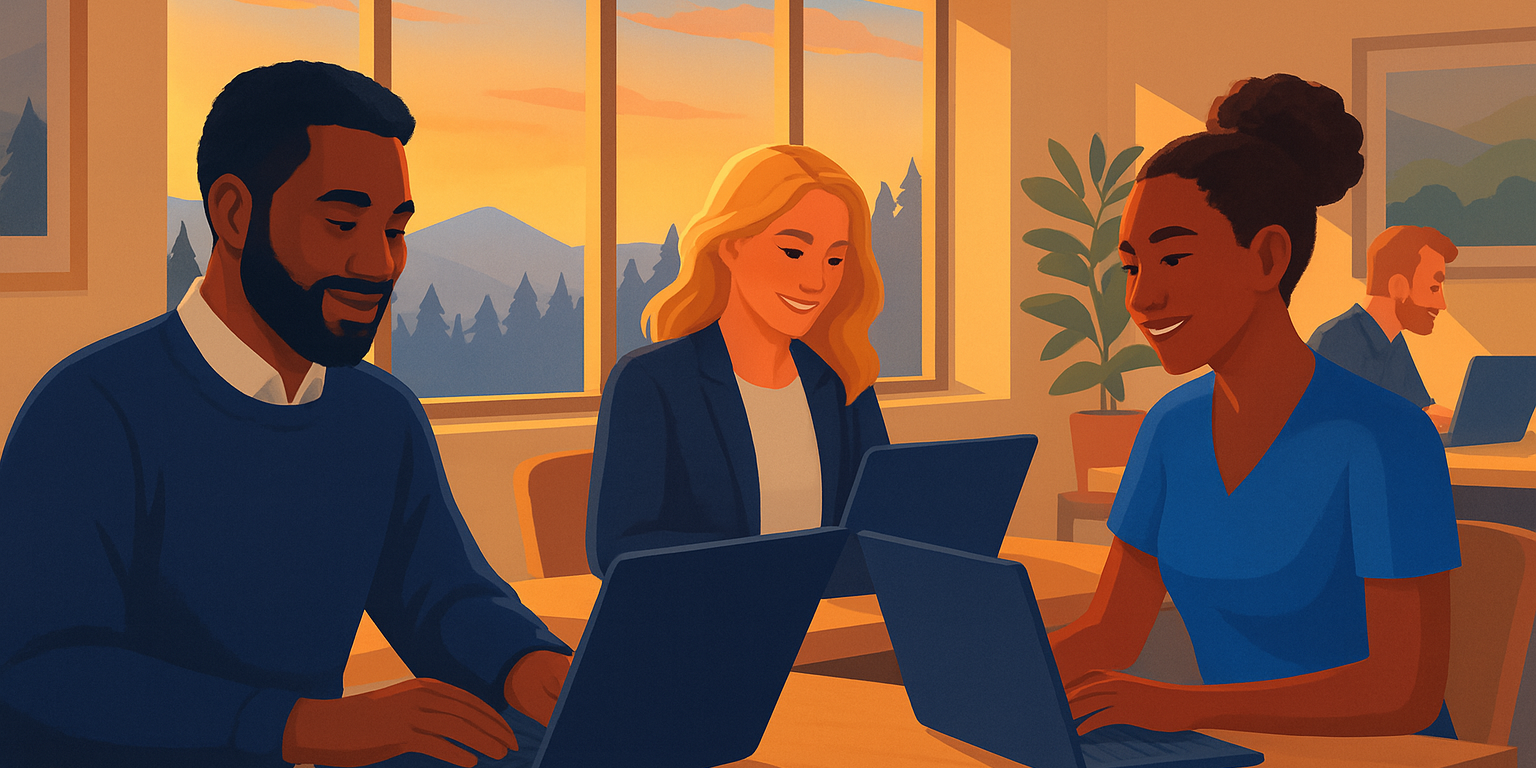 Employees working in a sunny, modern office space.