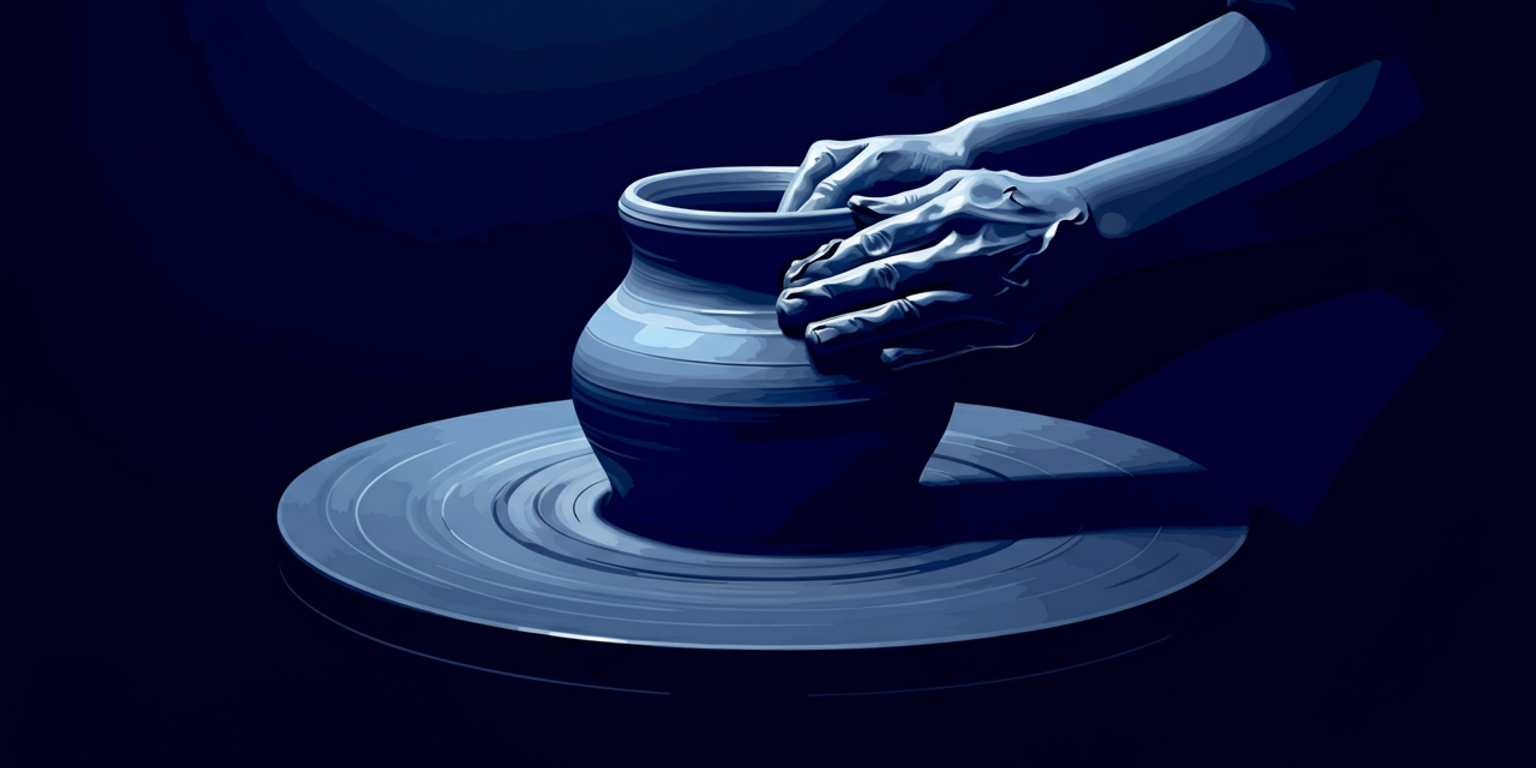 Someone throwing clay on a pottery wheel in a moody, moon lite studio.