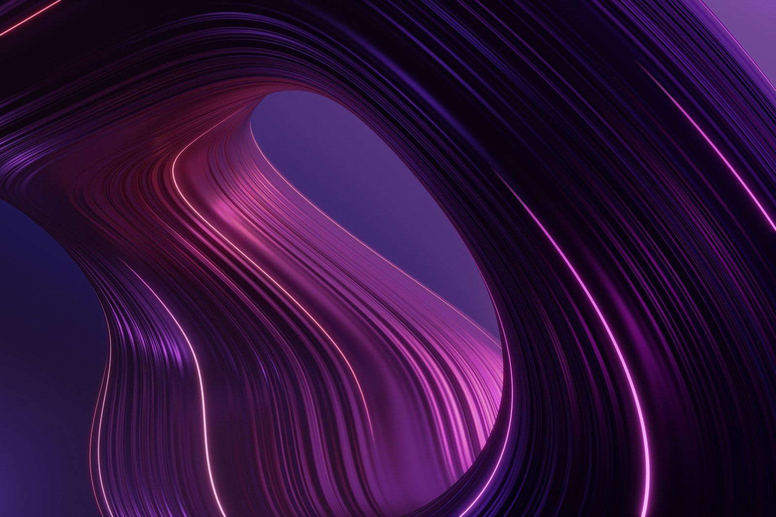 Sweeping purple silk curves with bright light streaks on dark