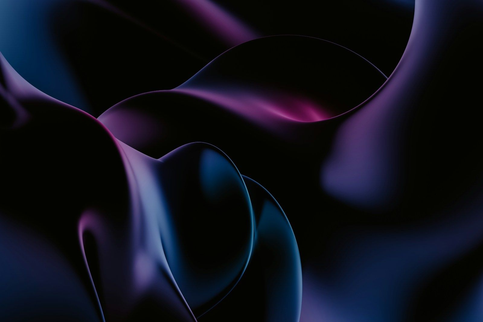 Overlapping dark forms lit from within in violet, blue and magenta