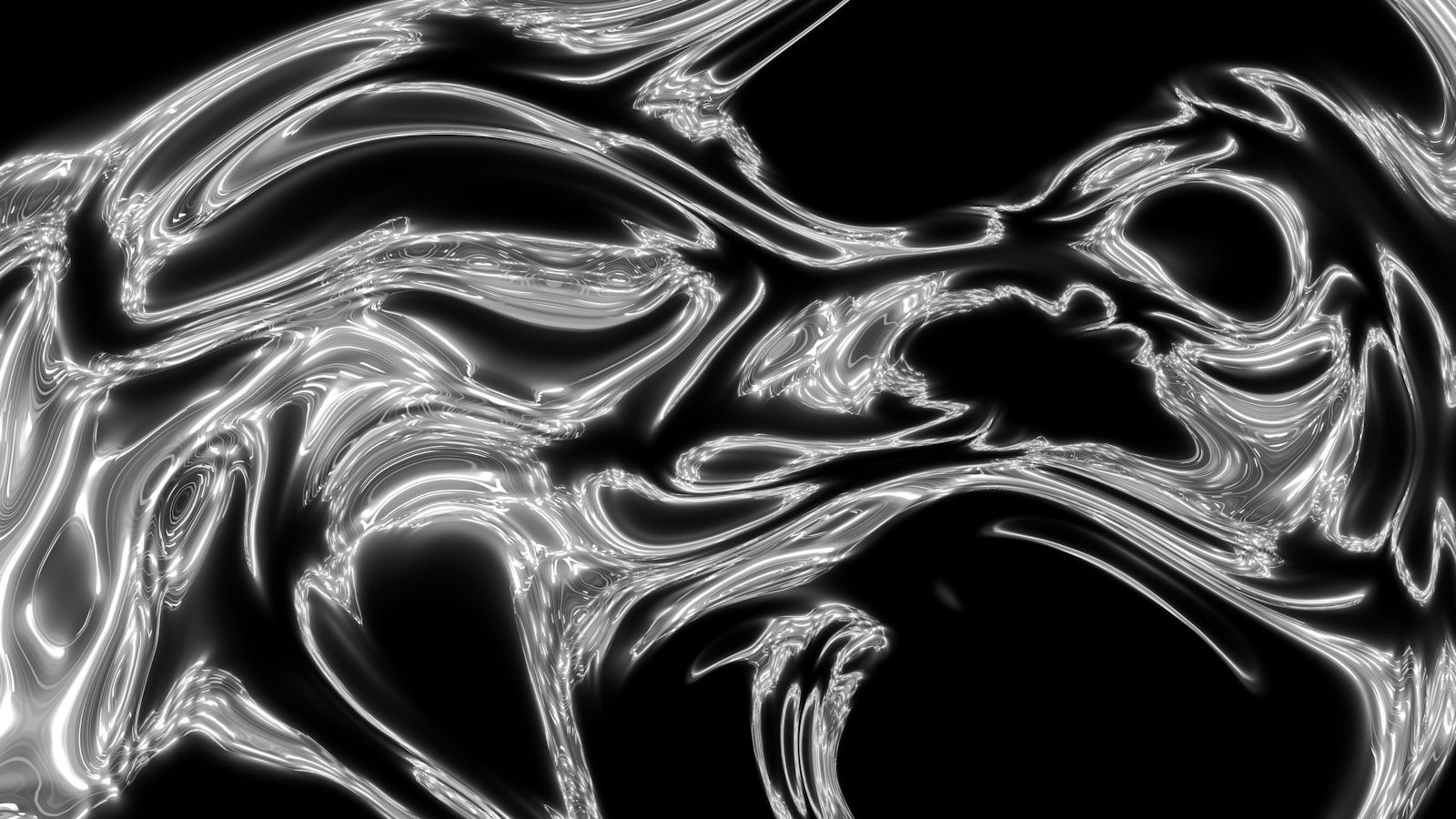 Liquid chrome swirls in chromatic silver on a black background