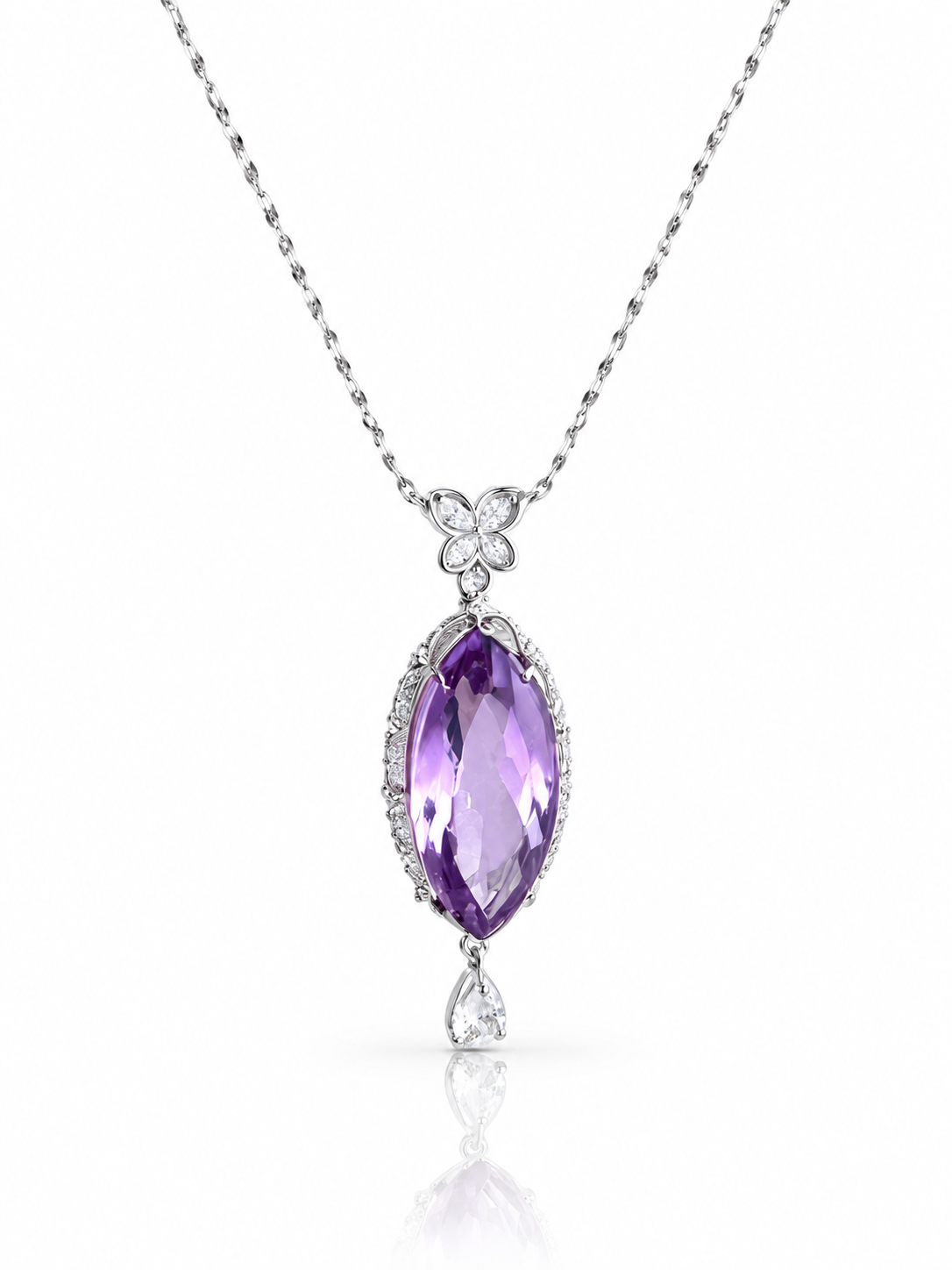 Marquise-cut lavender amethyst pendant necklace with cubic zirconia halo, flower bail and pear drop in sterling silver on a white background