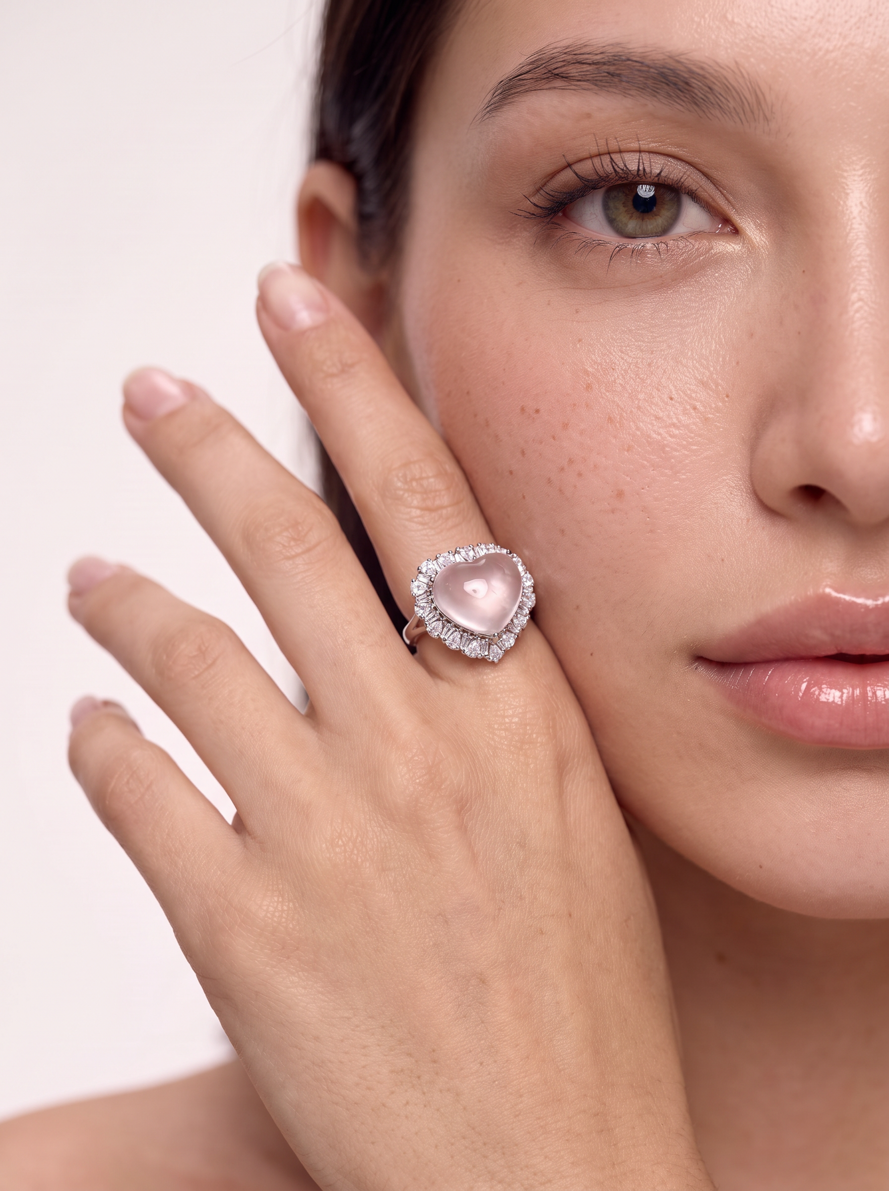 Model wearing the rose quartz heart ring, hand raised to the face