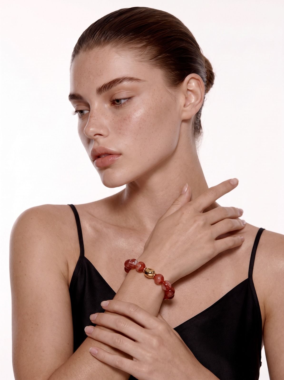 Brazilian Old‑Mine Red Phantom Quartz Bracelet, Gold‑Tone Accents