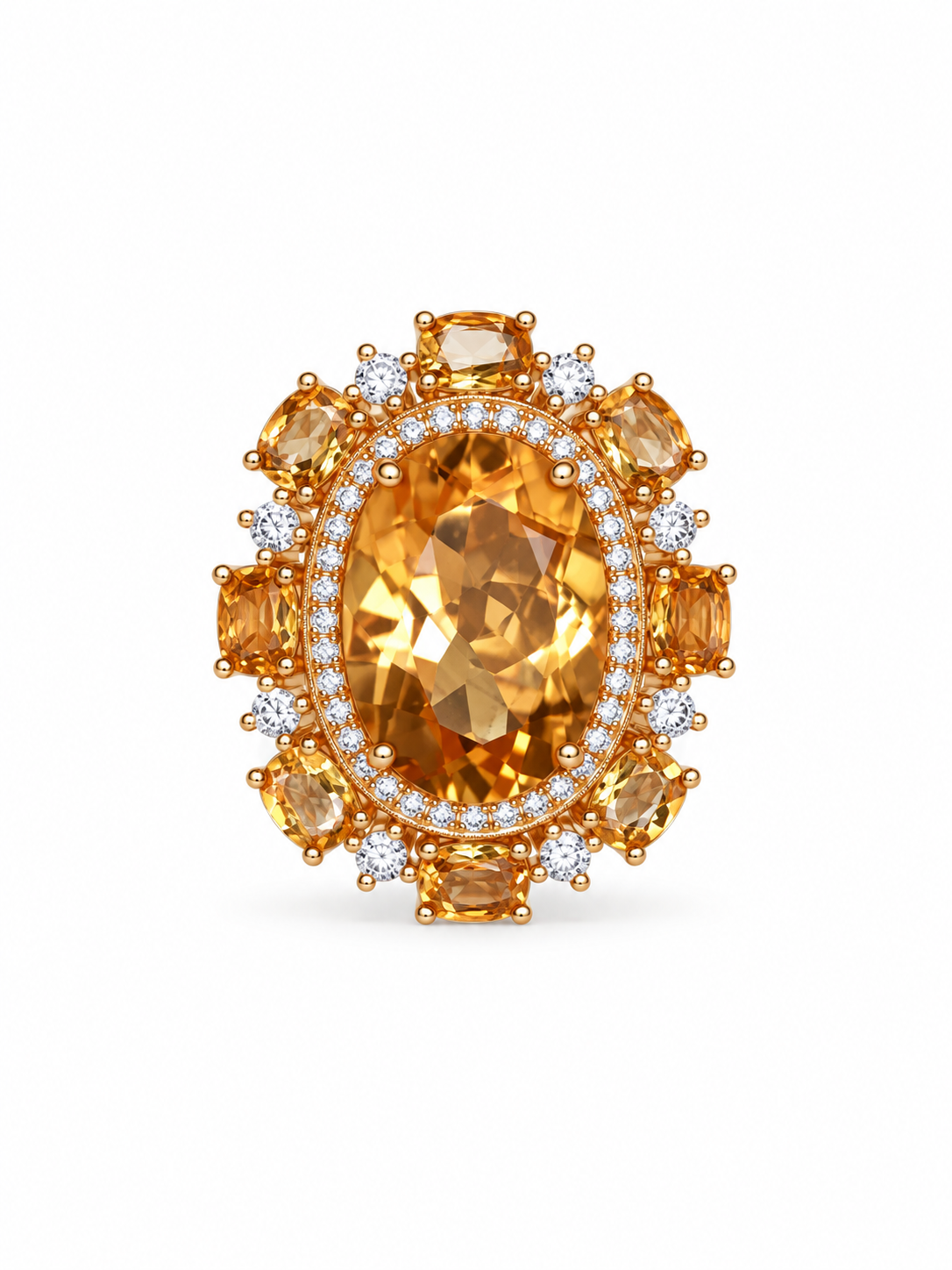Citrine cluster cocktail ring with an oval golden centre stone, cubic zirconia halo and smaller citrines in gold