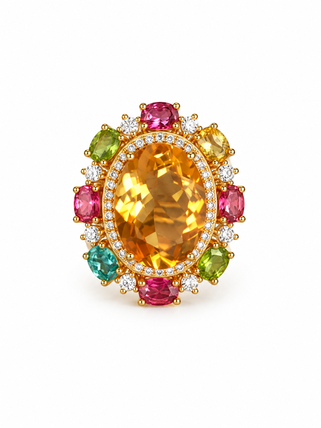 Citrine cocktail ring with an oval golden centre stone, cubic zirconia halo and multicolour tourmalines in gold
