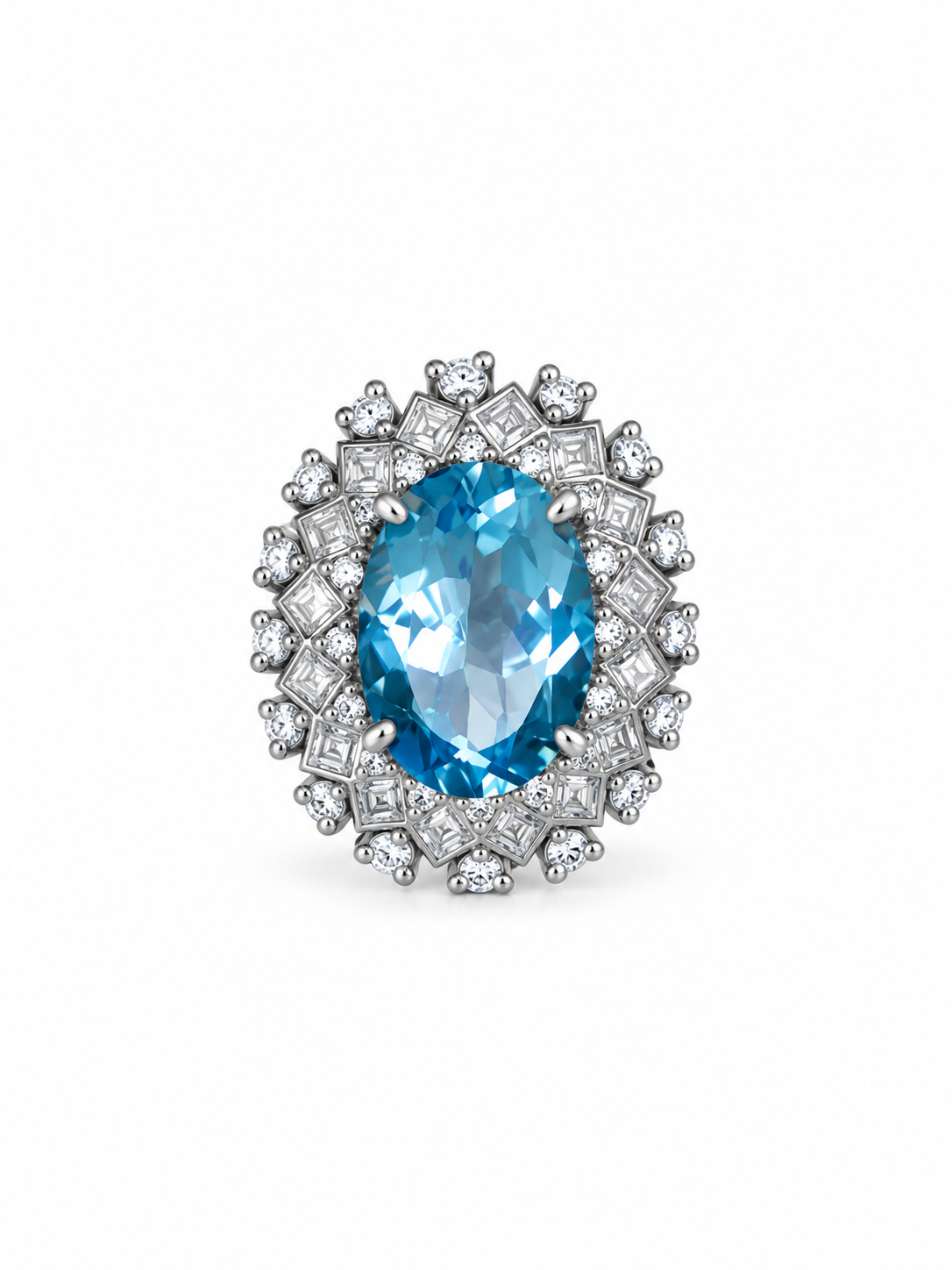 Blue topaz oval ring with a geometric halo of square and round cubic zirconia in sterling silver