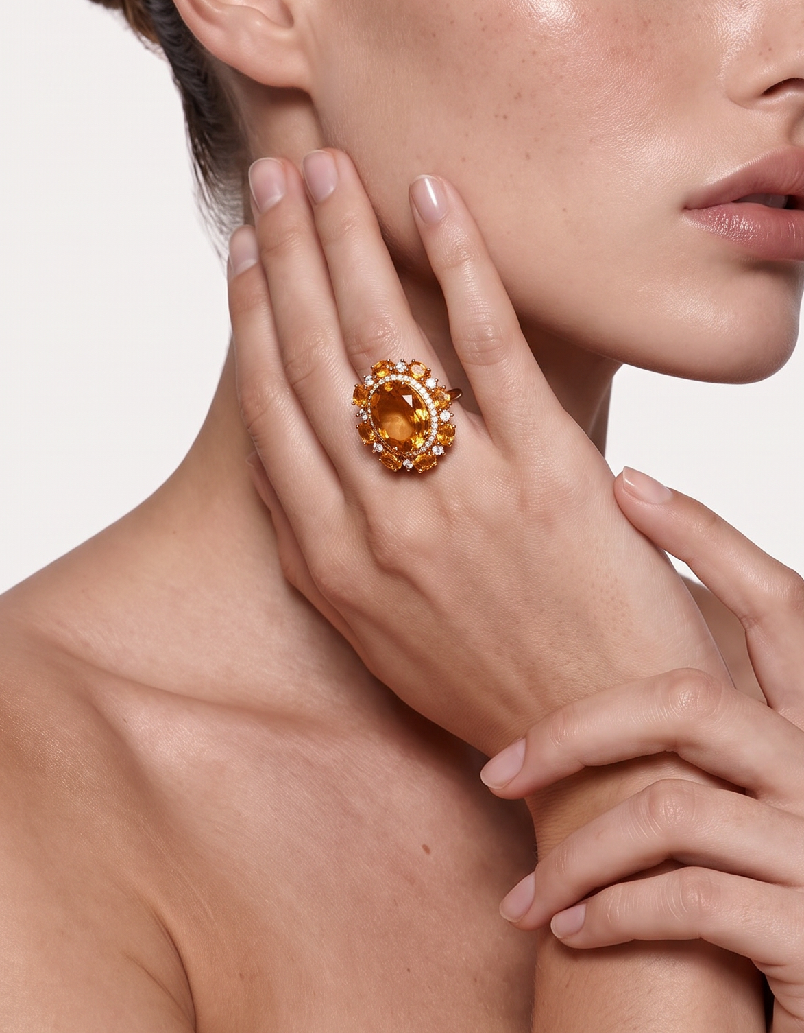 Citrine cocktail ring worn on the finger, hand raised to the face
