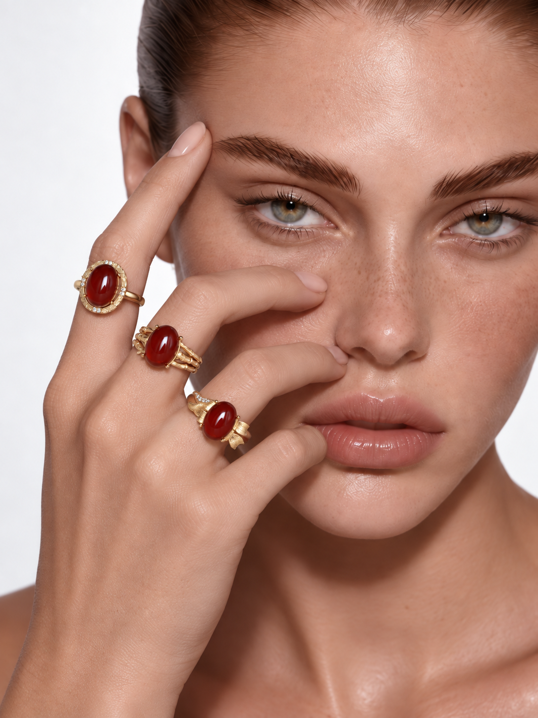 Model wearing all three Ember Trio red garnet rings, hand at the face