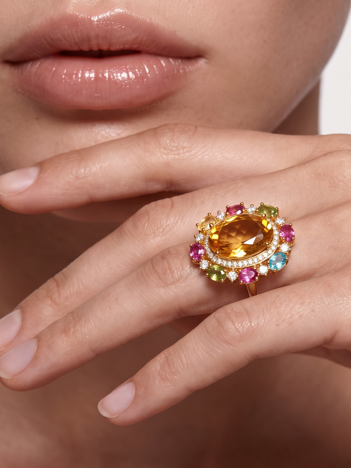 Close-up of the Reef Garden citrine and tourmaline ring worn on the finger