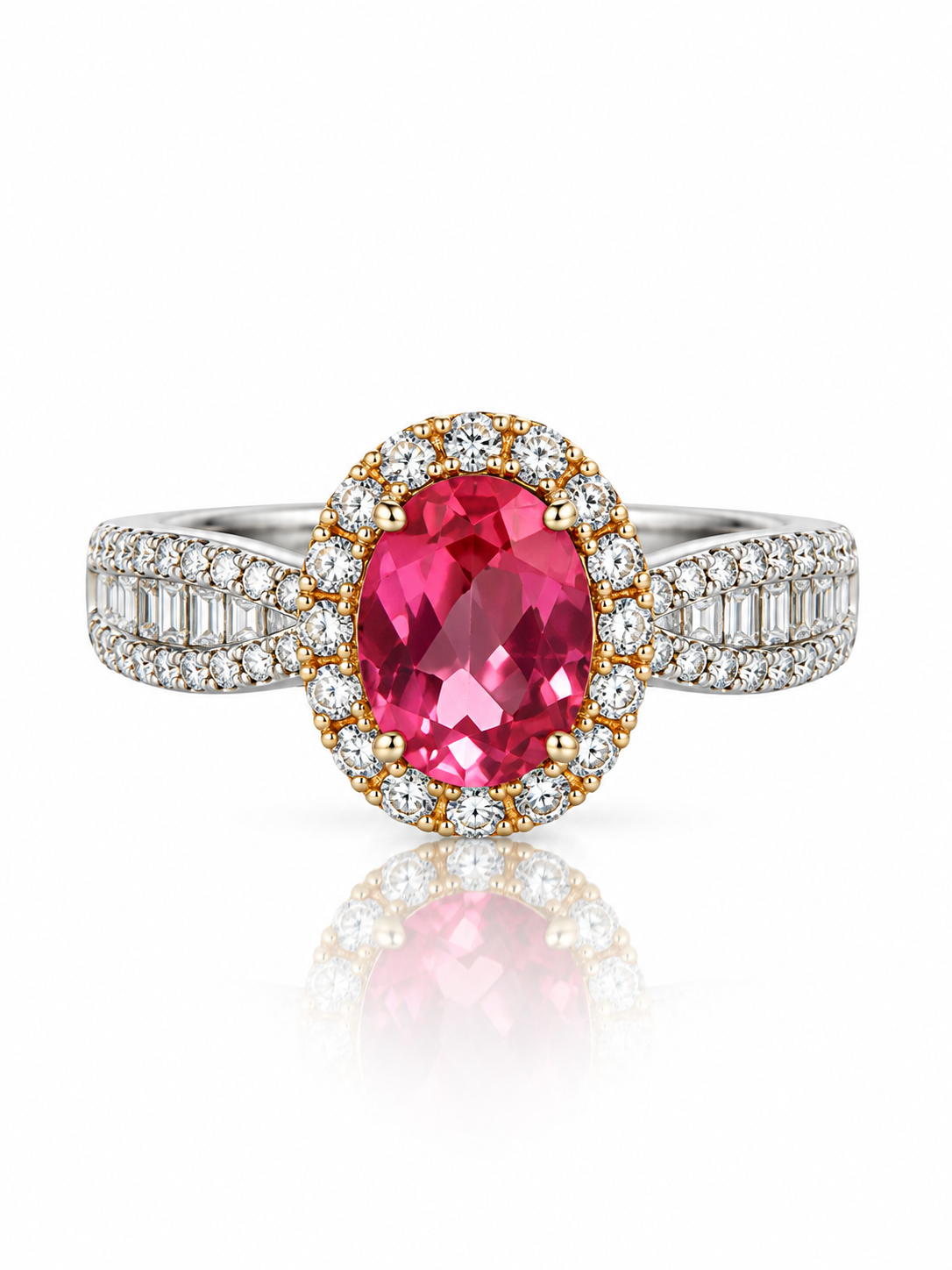 Pink topaz oval halo ring with gold cubic zirconia frame and a sterling silver band set with baguette stones