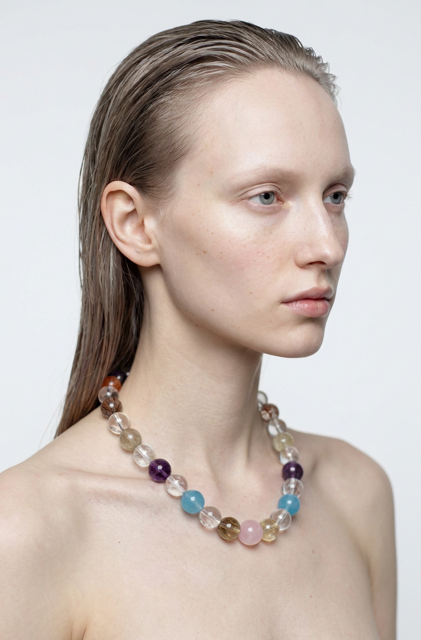 Pebble Shore crystal necklace worn at the neckline, side profile