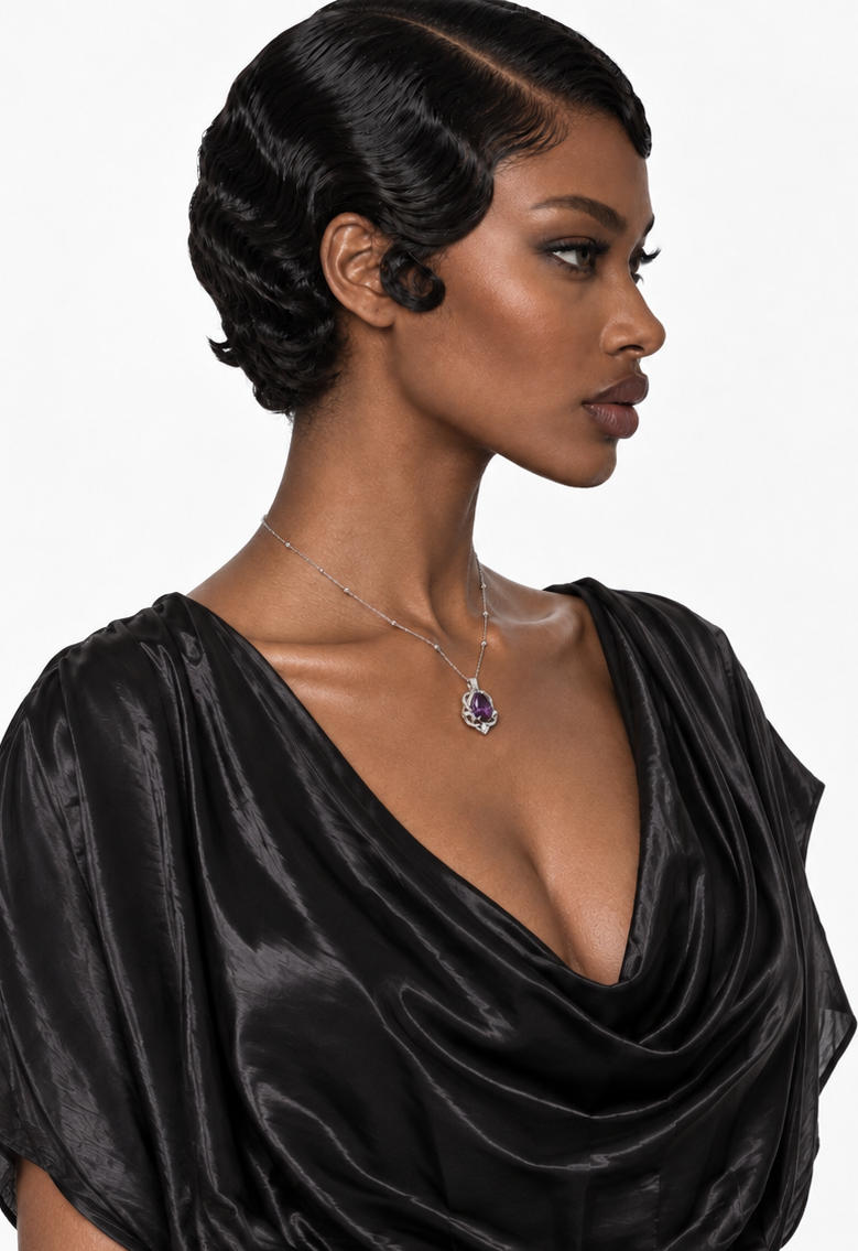 Violet Wave amethyst pendant necklace worn with a black satin top, side view