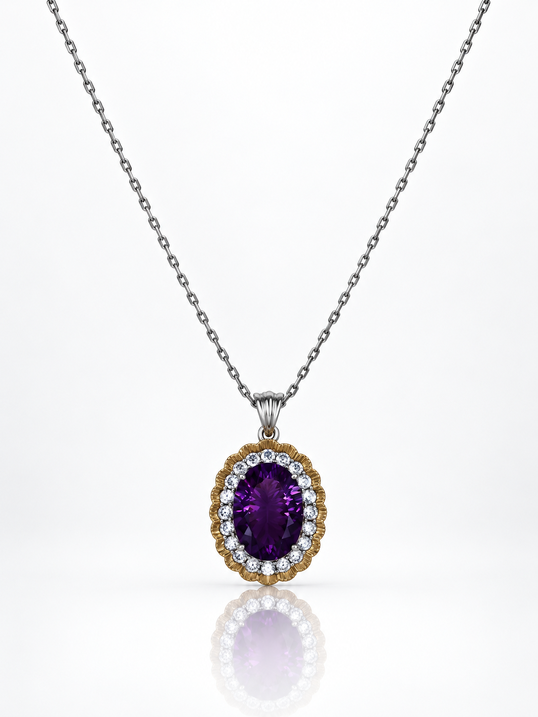 Royal purple amethyst oval pendant necklace with cubic zirconia halo and scalloped gold frame in sterling silver on a white background