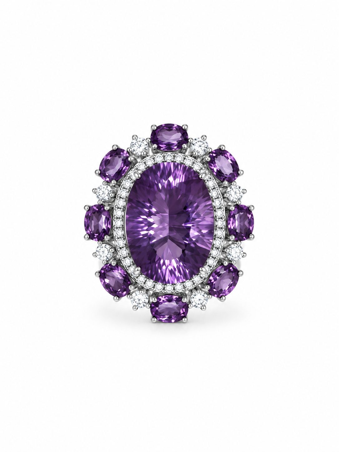 Amethyst cluster cocktail ring with an oval starburst-cut centre stone, cubic zirconia halo and eight oval amethysts in sterling silver