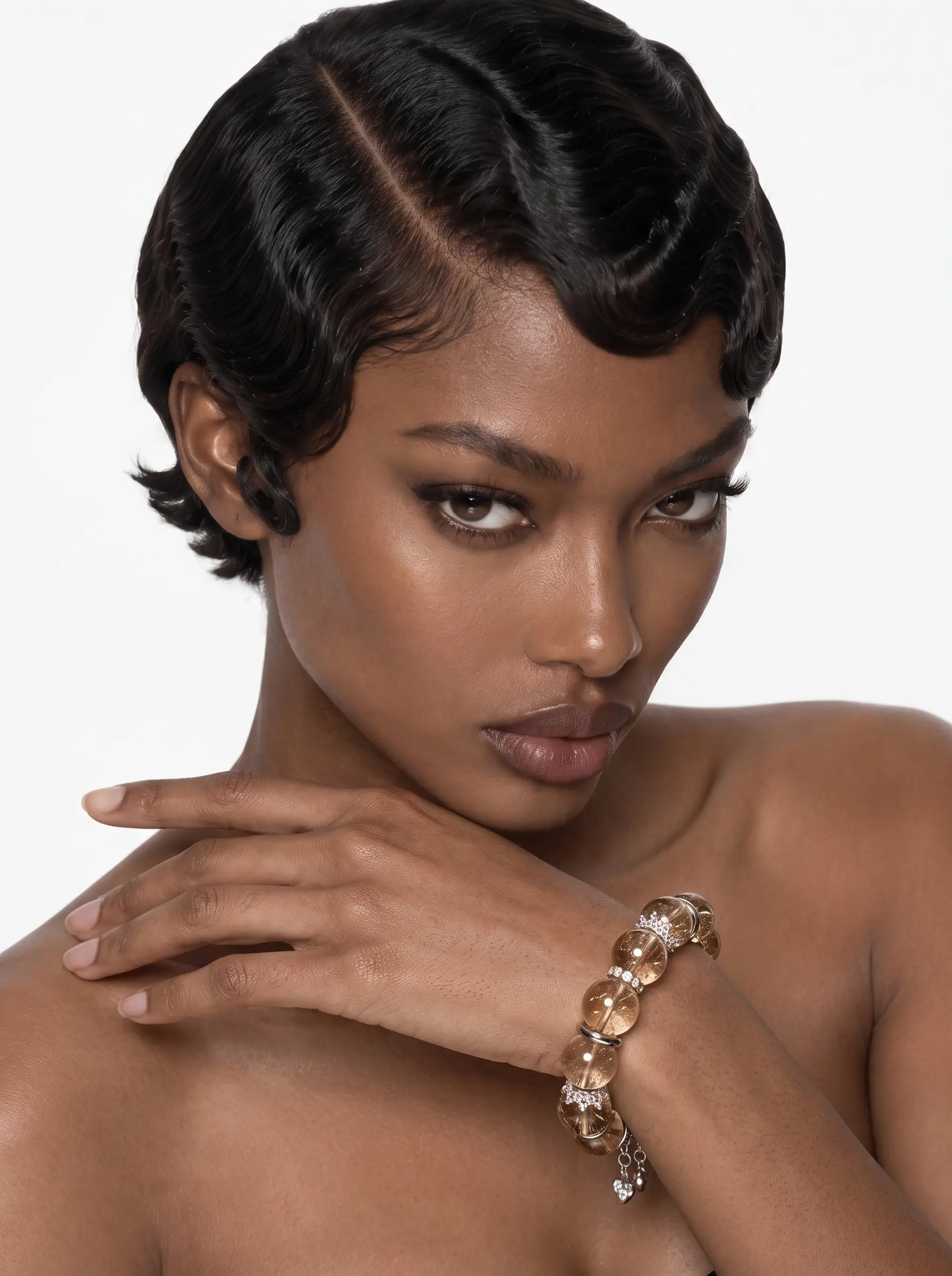 Model wearing the Golden Current golden rutilated quartz bracelet with sterling silver charms on the wrist