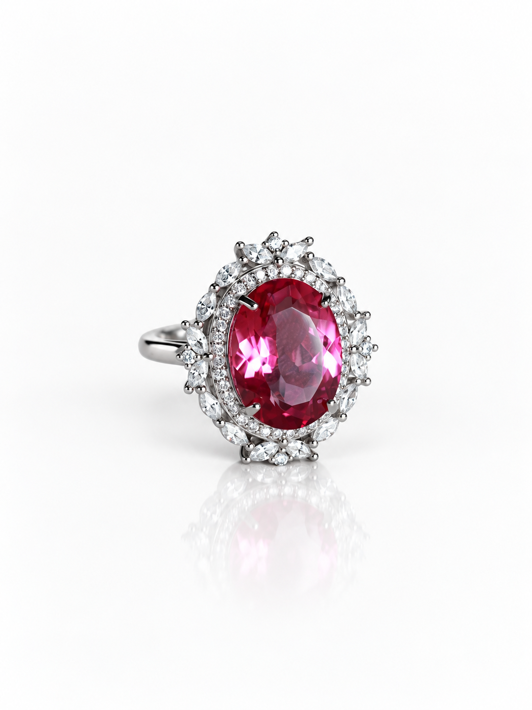 Pink topaz cocktail ring, angled view on a white background