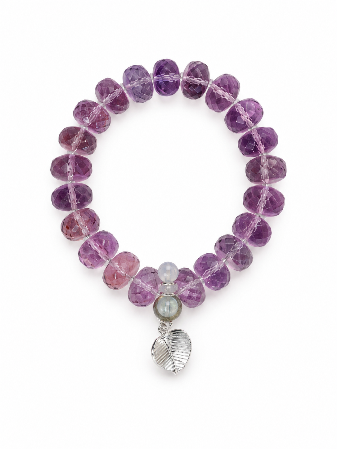 Faceted amethyst rondelle bracelet with an aquamarine slider and a sterling silver leaf charm on a white background
