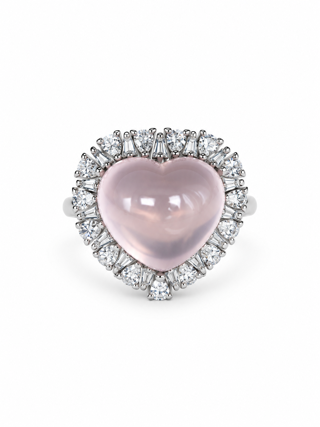 Rose quartz heart ring with a halo of baguette and round cubic zirconia in sterling silver